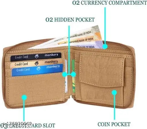 Beige faux leather round chain wallet, single compartment with credit/debit card pockets, Indian origin