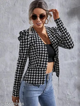 Clasi houndstooth print polyester gigot sleeve open front jacket, casual party wear for women, XS (36in bust, 27in length)