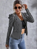 Clasi houndstooth print polyester gigot sleeve open front jacket, casual party wear for women, XS (36in bust, 27in length)