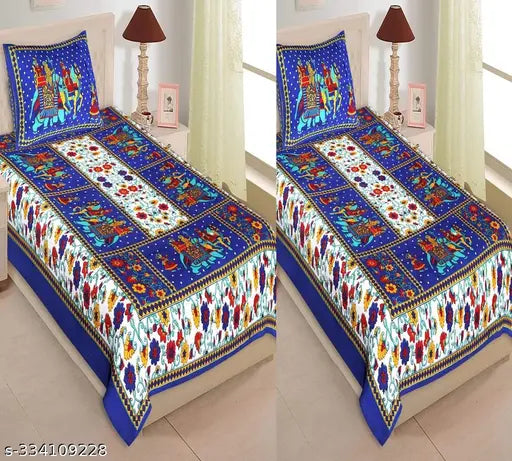 Jaipuri cotton single bedsheets set (2), featuring 2 pillow covers, ideal for summer