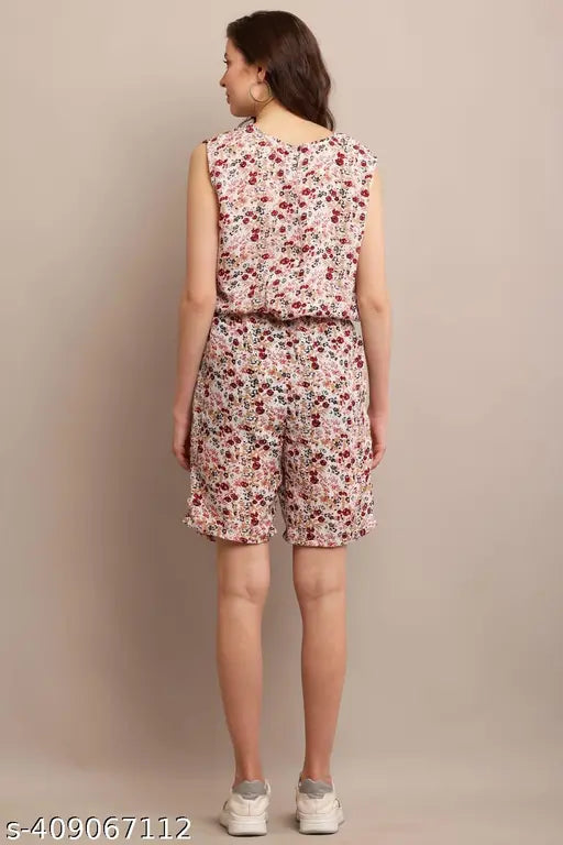 Trendy rayon sleeveless printed net nightsuit, attractive style for women (Size S, Bust 28in, Length 36in, Waist 28in)