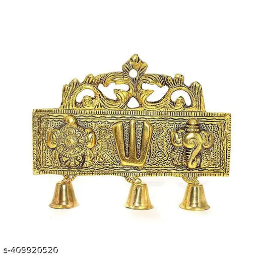 Gold-plated aluminum Tirupati Shankh Chakra Latkan, 6.5cm x 5.5cm x 5.5cm. Hindu home/office decor, symbolizing Lord Vishnu's power & peace