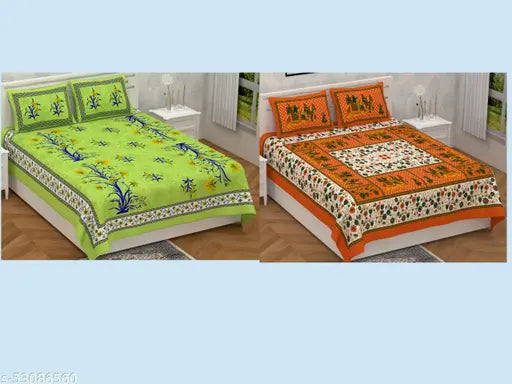 Fine cotton botanical Sanganeri bedsheets, 4 pillow covers included for adult summer use, made in India