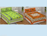Cotton botanical flat sheets, fine quality Sanganeri bedsheets for summer - set of 2 double queen with 4 pillow covers, India origin