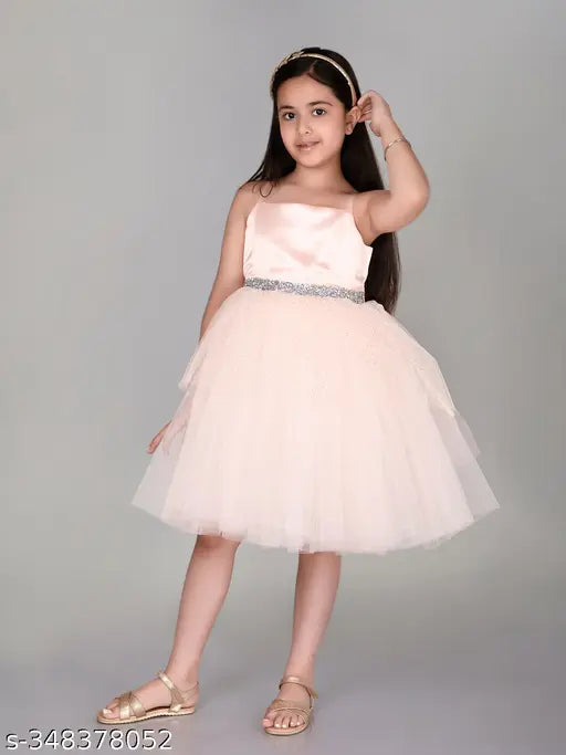 Light peach net knee-length party dress for kids, embellished and sleeveless, 1-2 years size