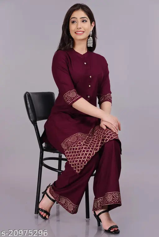 Rayon hand-block gold print stitched kurta set with palazzo, Maha price drop sale - Indian women's fashion in three-quarter sleeves