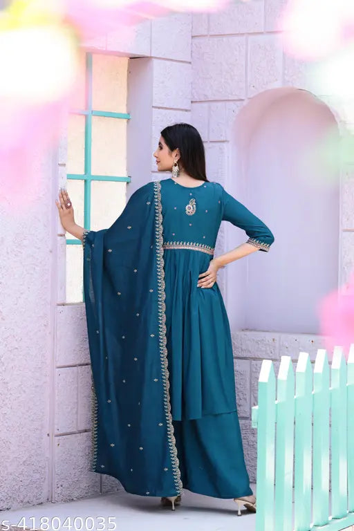 Nile Blue Chanderi Cotton Kurta Set with Embroidery - Luxurious and elegant women's fashion from India