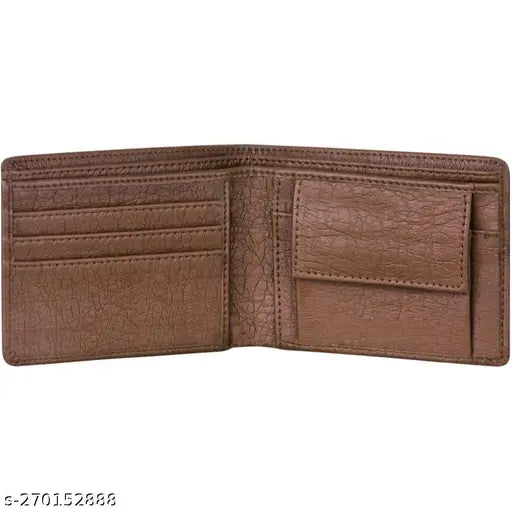 Brown artificial leather men's wallet with 3 card slots, textured pattern, bi-fold closure, and multiple compartments. Durable and portable for casual evening/party events or travel