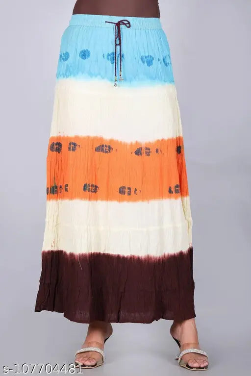 Women's orange multi-colored tie dye maxi flared cotton skirt for parties or daily wear, size 26/28/30/32/34. Printed pattern, made in India