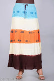 Women's orange multi-colored tie dye maxi flared cotton skirt for parties or daily wear, size 26/28/30/32/34. Printed pattern, made in India