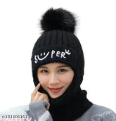 Black woolen faux fur pompom cap with face mask - HRIDAY Women & Girls winter wear, India origin