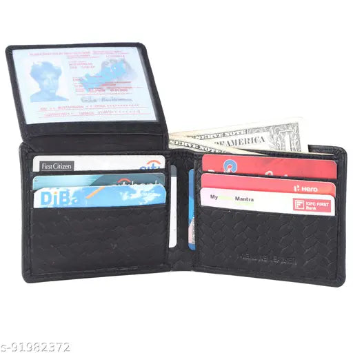 Black genuine leather men's wallet (9 card slots), high-quality leather, RFID protected, classic design, India origin