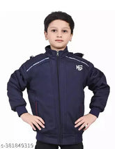 Dark blue cotton kids winter jacket, stylish print design, embracing winter fashion