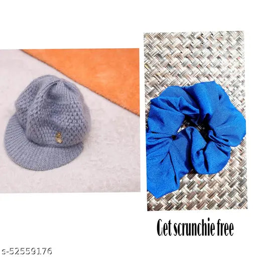 Woolen hat with scrunchie (free), stylish winter accessory for ladies - ESTILO FLEM made in India