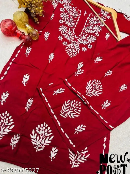 Rayon wedding kurti and plazoo, embroidered net three-quarter sleeve set for women, single size XL (bust 46in), Indian chikankari work