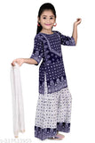 Musklyn rayon ethnic kurta Sarara set with printed dupatta, suitable for girls aged 2-3 years to 9-10 years, featuring three-quarter sleeves and sharara bottom style
