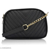 Black faux leather quilted sling bag - sleek and durable crossbody style, Indian origin