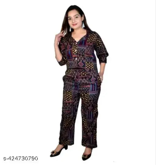 Rayon three-quarter sleeve printed crop shirt and wide-leg pants jumpsuit for women, India-made fashion for girls