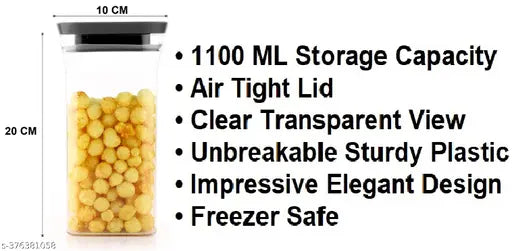 Airtight Plastic Kitchen Container Set (1100 ML), space-saving, BPA-free, dishwasher & freezer safe, suitable for pulses, flours, biscuits, snacks, and spices storage. Clear containers with stackable design for easy organization in the pantry. Made in India