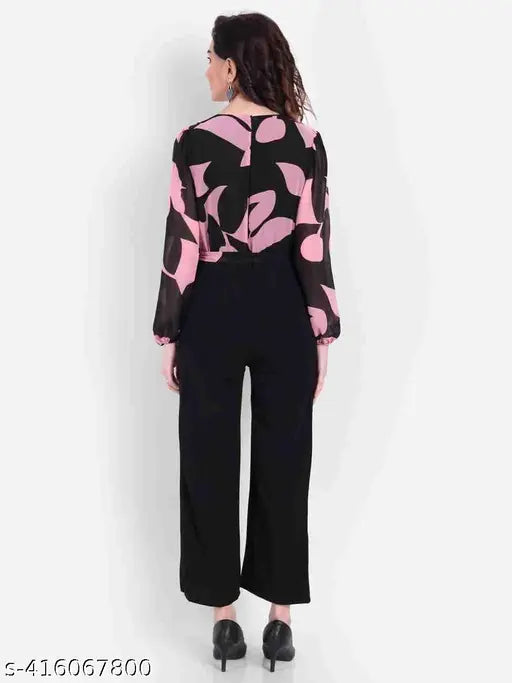 Georgette print jumpsuit for women, trendy and glamorous, long sleeves, comfortable fit, latest design, fashionable shirt style
