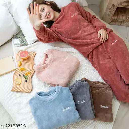 Woolen winter night suit for women, printed pyjamas in warm fur fabric