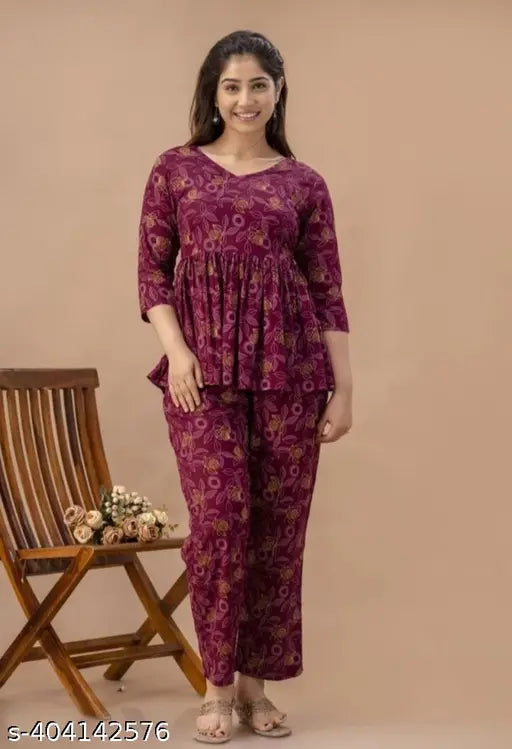 Wine-colored premium rayon co-ord set for women, featuring trendy pocket pockets, viscose rayon fabric