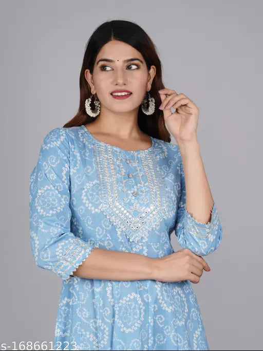 Blue Anarkali Kurti from Jaipuri Collection featuring Bandej Print Embroidery on cotton fabric. Three-quarter sleeve length in single sizes M, L, XL, XXL. Traditional Indian outfit originating from India