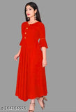 Stylish rayon fit-and-flare kurti with three-quarter bell sleeves, solid design. Casual to formal occasion wear in various sizes from S to XXL. Indian-made, slight color variation due to lighting sources or monitor settings
