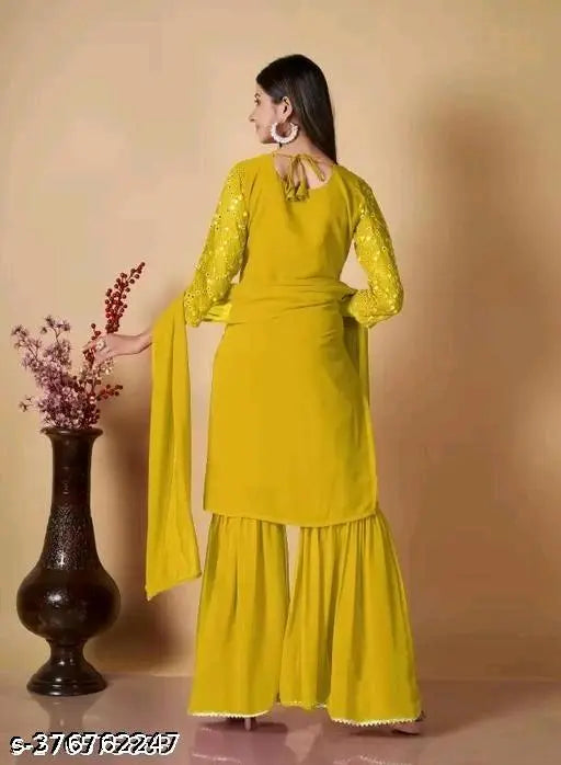 Georgette embellished net woman's heavy kurta set with dupatta, three-quarter sleeves, sizes S-XXL. Indian traditional clothing on mannequin