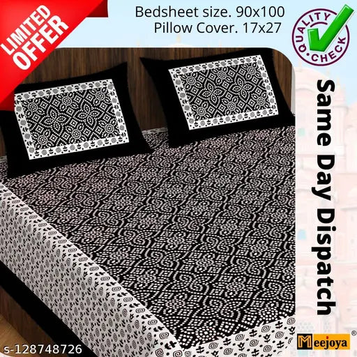 Indian cotton Sanganeri traditional flat sheets, 160 thread count, set includes 2 pillow covers