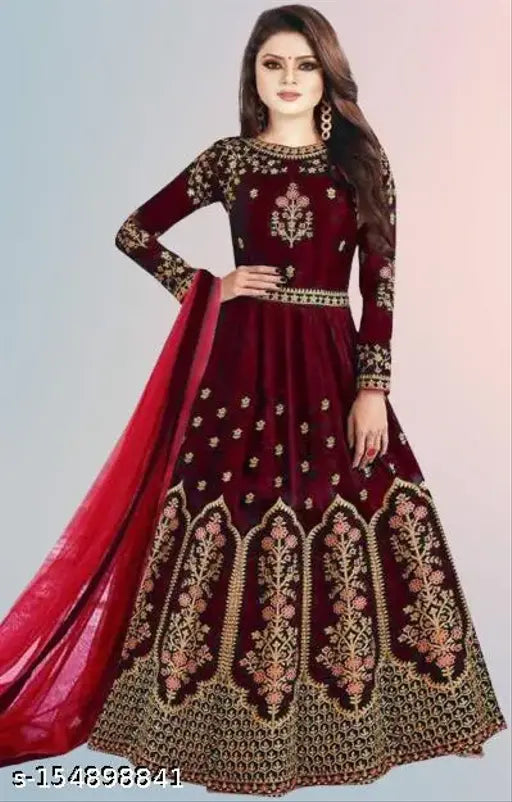 Manohari maroon embroidered gowns in multiple sizes, traditional Indian fashion on display