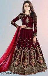 Manohari maroon embroidered gowns in multiple sizes, traditional Indian fashion on display
