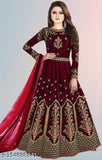 Manohari maroon embroidered gowns in multiple sizes, traditional Indian fashion on display