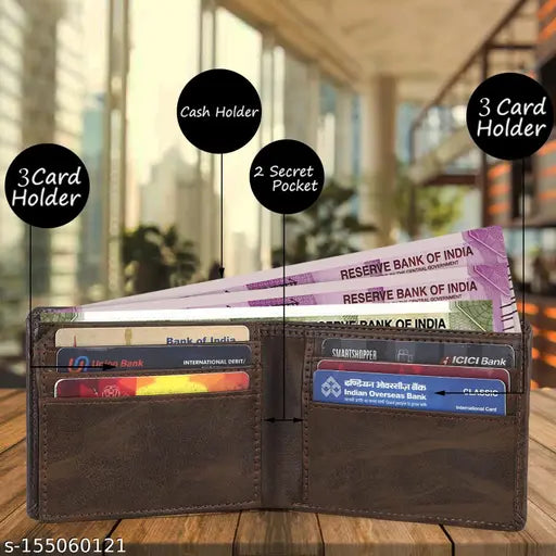 Brown premium artificial leather bi-fold wallet, 2 compartments, free size (10cm x 5cm)