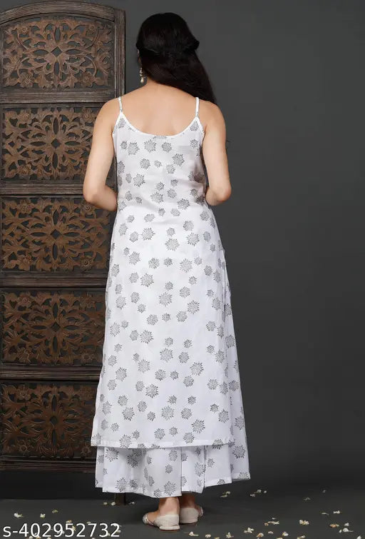 White Surya Women's Rayon Kurta Palazzo Set with Chiffon Dupatta and Strip Shoulder design - Indian women's fashion for XS-XXXXL sizes