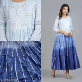 Tie-dye print cotton lurex Anarkali kurtis, round neck, 3/4 sleeves for women