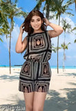 Short green rayon jumpsuit, sleeveless printed net design for women, multiple sizes available