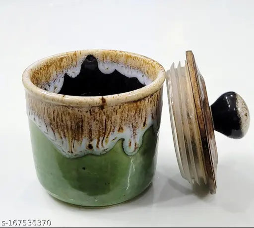 Multicolor flow pattern ceramic jars (300 ml each), airtight lids, ribbed surface – set of 2 for dry fruits or decorative use