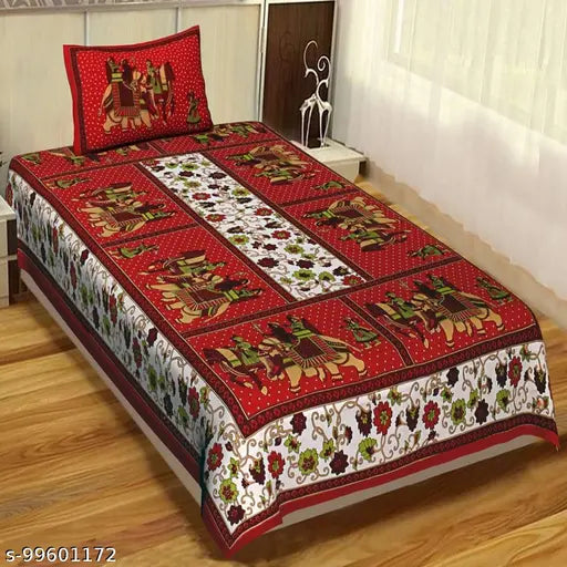 Trendy single bed cotton flat sheets pack, Jaipuri patterned, 3 pillow covers included for summer use