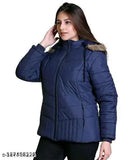 Winter blue nylon jacket (L, bust 42in, length 28in), solid design, cold-weather outerwear