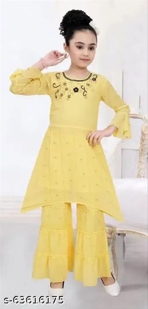 Girls ethnic Georgette A-line kurta palazzo set, solid pattern, three-quarter sleeves, 3-4 & 4-5 years sizes. India-made ethnic fashion for girls