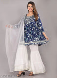 Blue Prosin print sets, rayon kurta & bottomwear with dupatta, stitched net, three-quarter sleeves, Indian fashion apparel