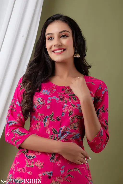 Rayon Demirner Women's Printed Kurta Palazzo Ethnic Set, self-designed patterned three-quarter sleeve set with matching bottomwear on display