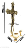 Brass Lord Jesus Christ Cross Idol with 2 candle stand, intricate detail on classic Christian decor for festive displays