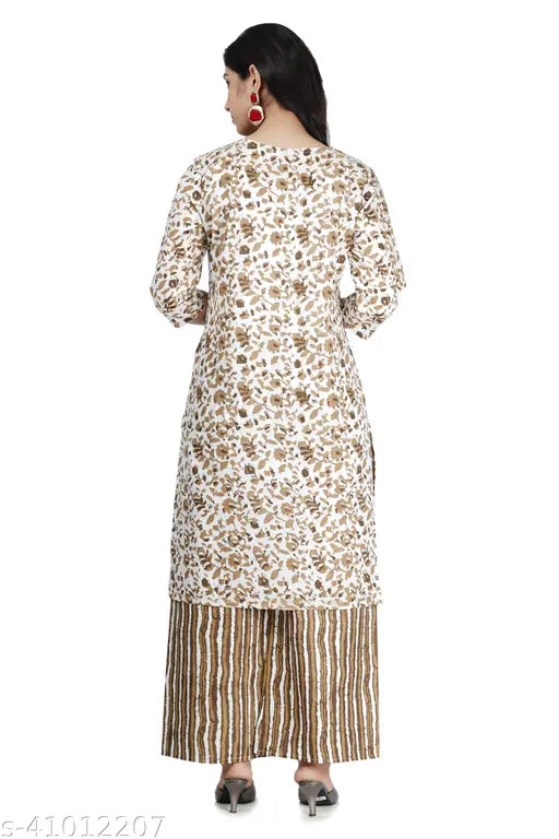 White and Brown Cotton Kurta Palazzo Set for Women - Printed Net, Three-Quarter Sleeves