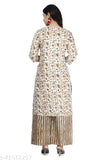 White and Brown Cotton Kurta Palazzo Set for Women - Printed Net, Three-Quarter Sleeves