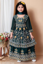 Green georgette embroidered lehenga, perfect for festive party wear for kids girls