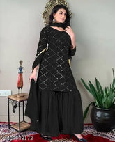 Georgette sequence work women's kurta sharara set with dupatta, embellished, three-quarter sleeves, India origin