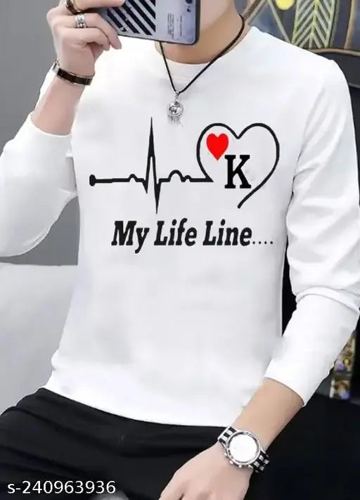 Polyester full sleeve round neck printed men's t-shirt, vibrant pattern for casual wear (size M)