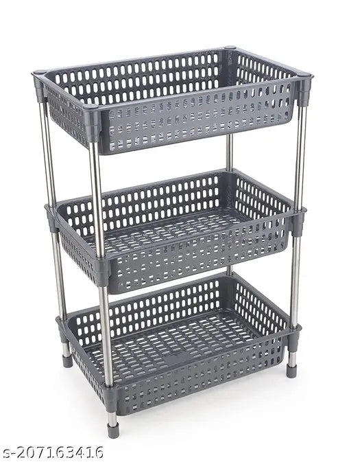 Gray 3-layer kitchen storage organizer rack, durable plastic and stainless steel fruit & vegetable holder